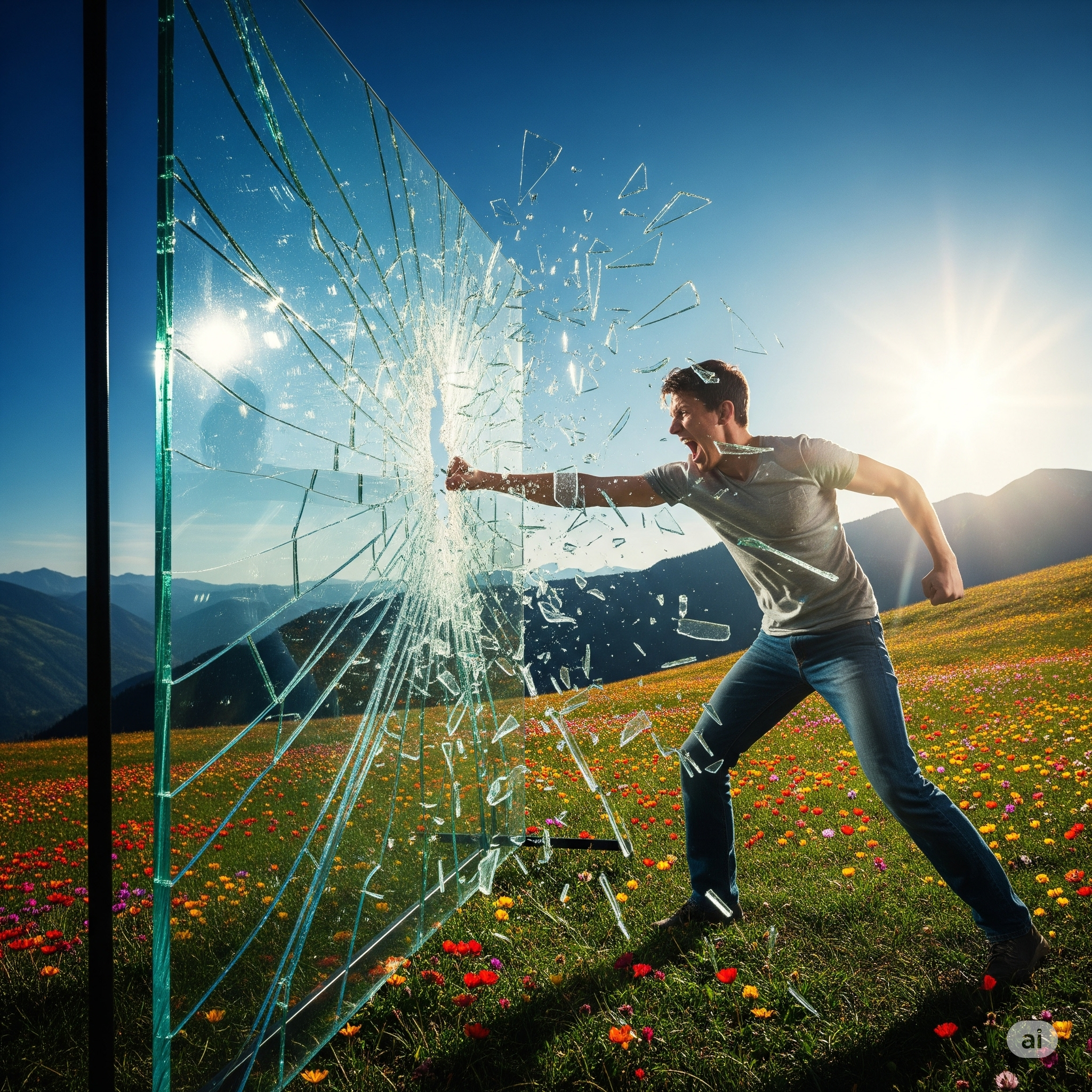 Pessoa quebrando uma barreira de vidro, simbolizando o destravamento do desenvolvimento pessoal